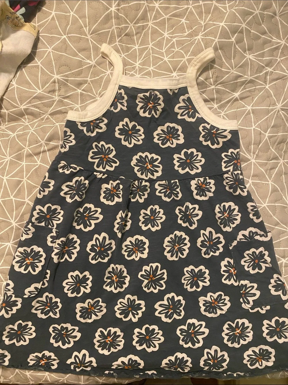 Girls Navy Floral Tank Dress with Cream Trim